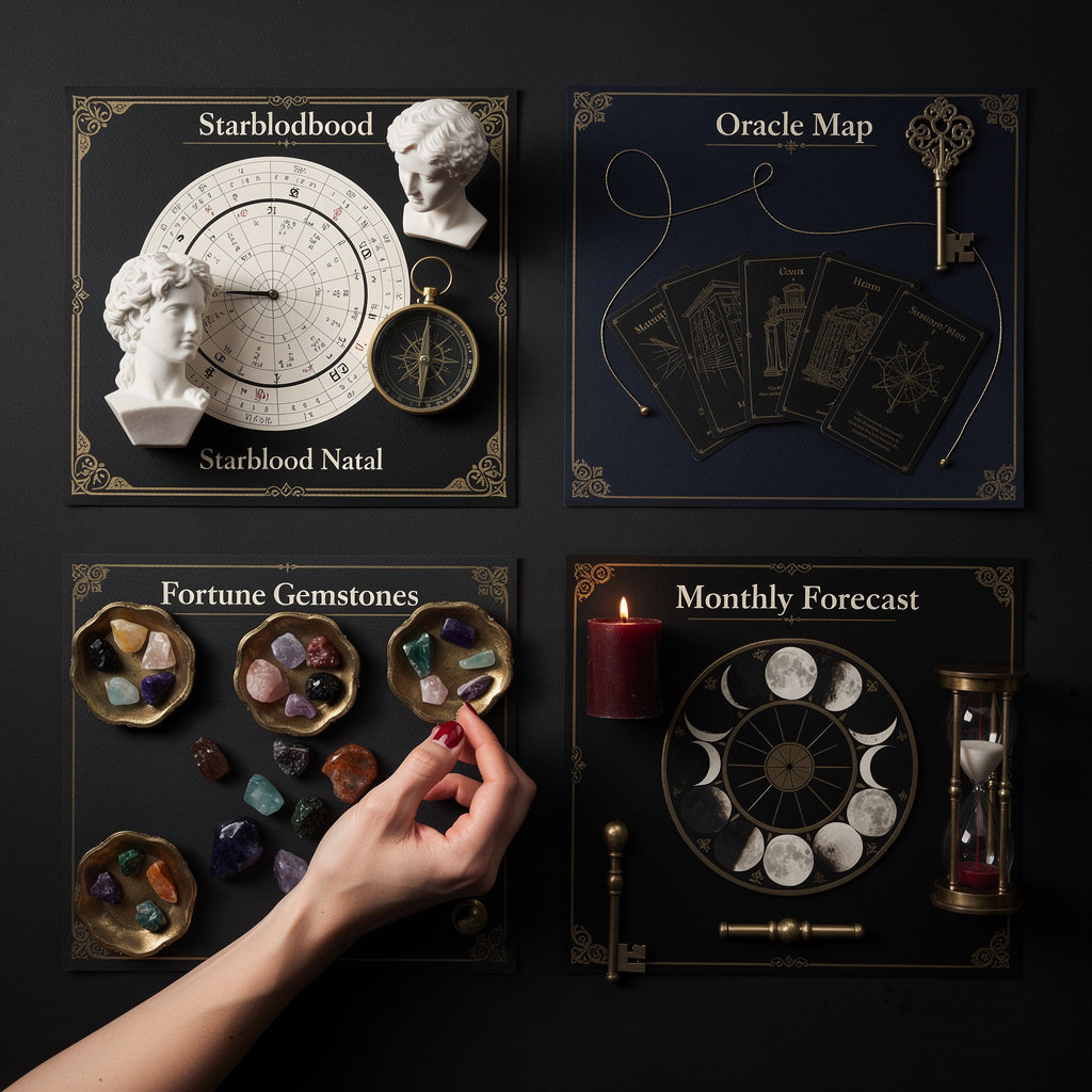 Starblood Oracle featured readings - tarot, astrology, natal charts, and gemstone guidance for spiritual transformation in Skopje